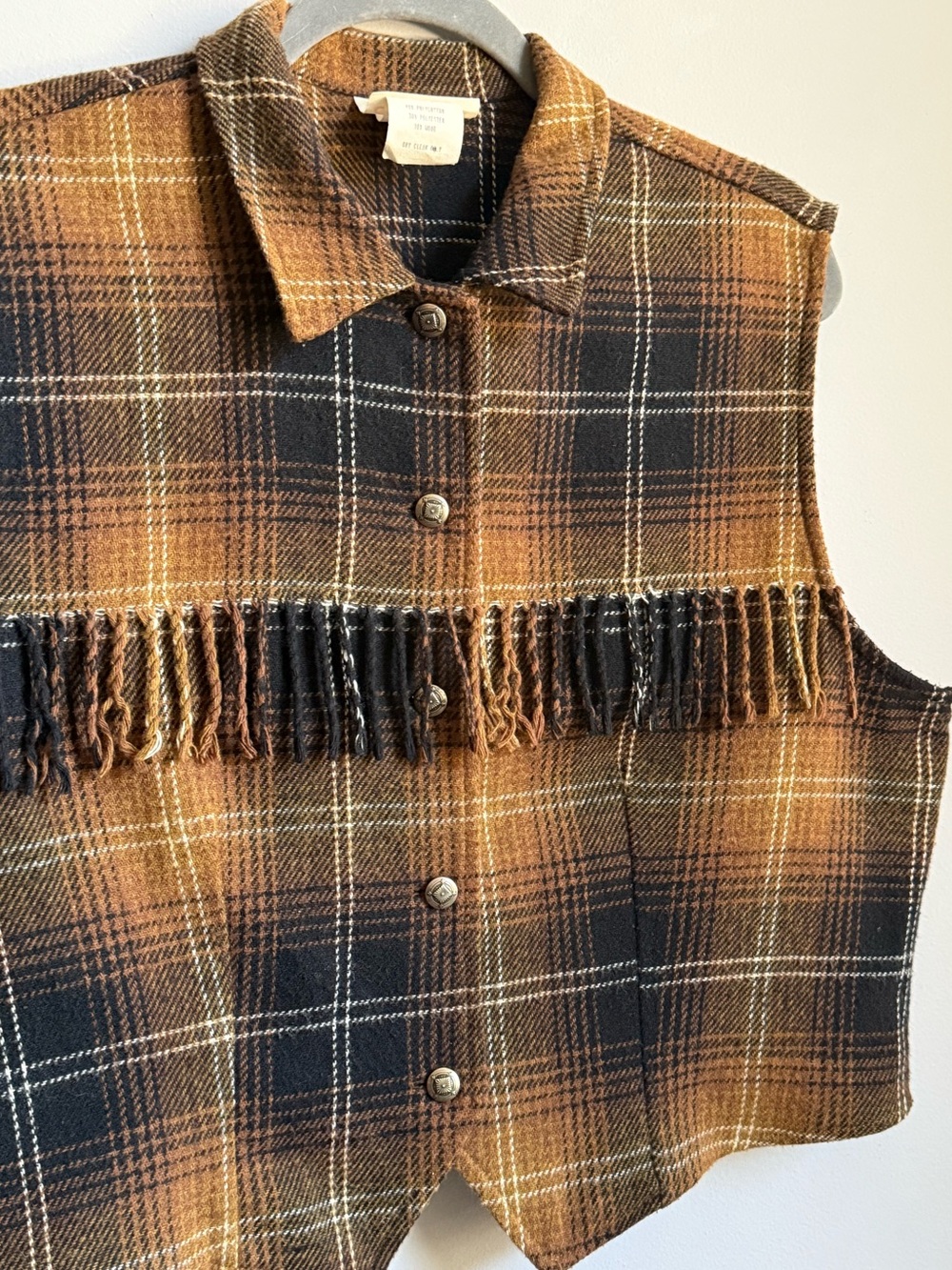 Vintage 90s Fringe Vest Plaid Wool Cropped Brown & Black Button-Front Shirt Vest